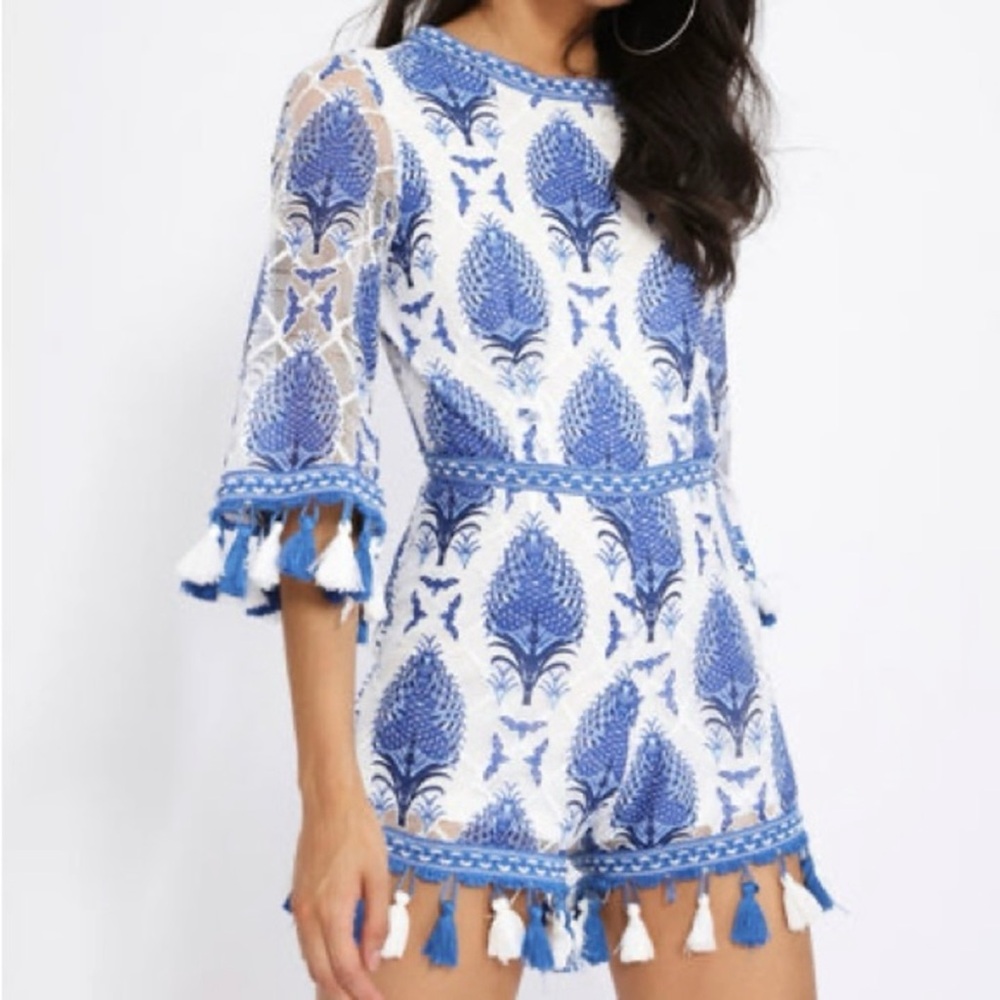 Blue Printed Mesh & Tassel Romper Medium